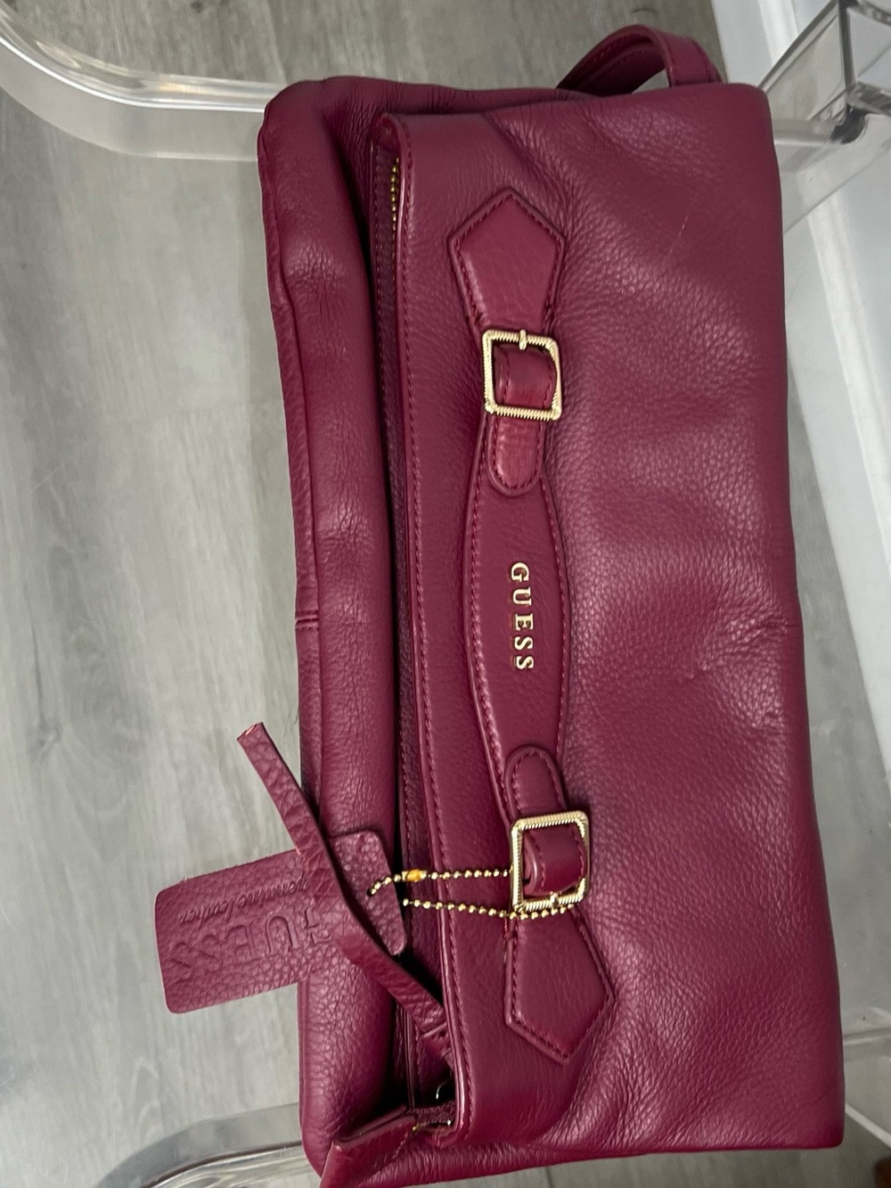 GUESS Burgundy Pebbled Leather Wristlet Clutch with Gold Hardware